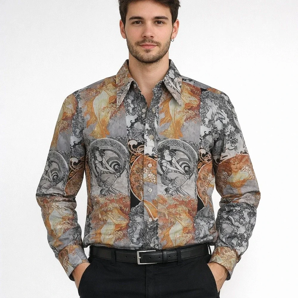 Anghurst Alphonse Mucha Vintage All Over Print Button Up Shirt Mens M Multicolor - Picture 3 of 9